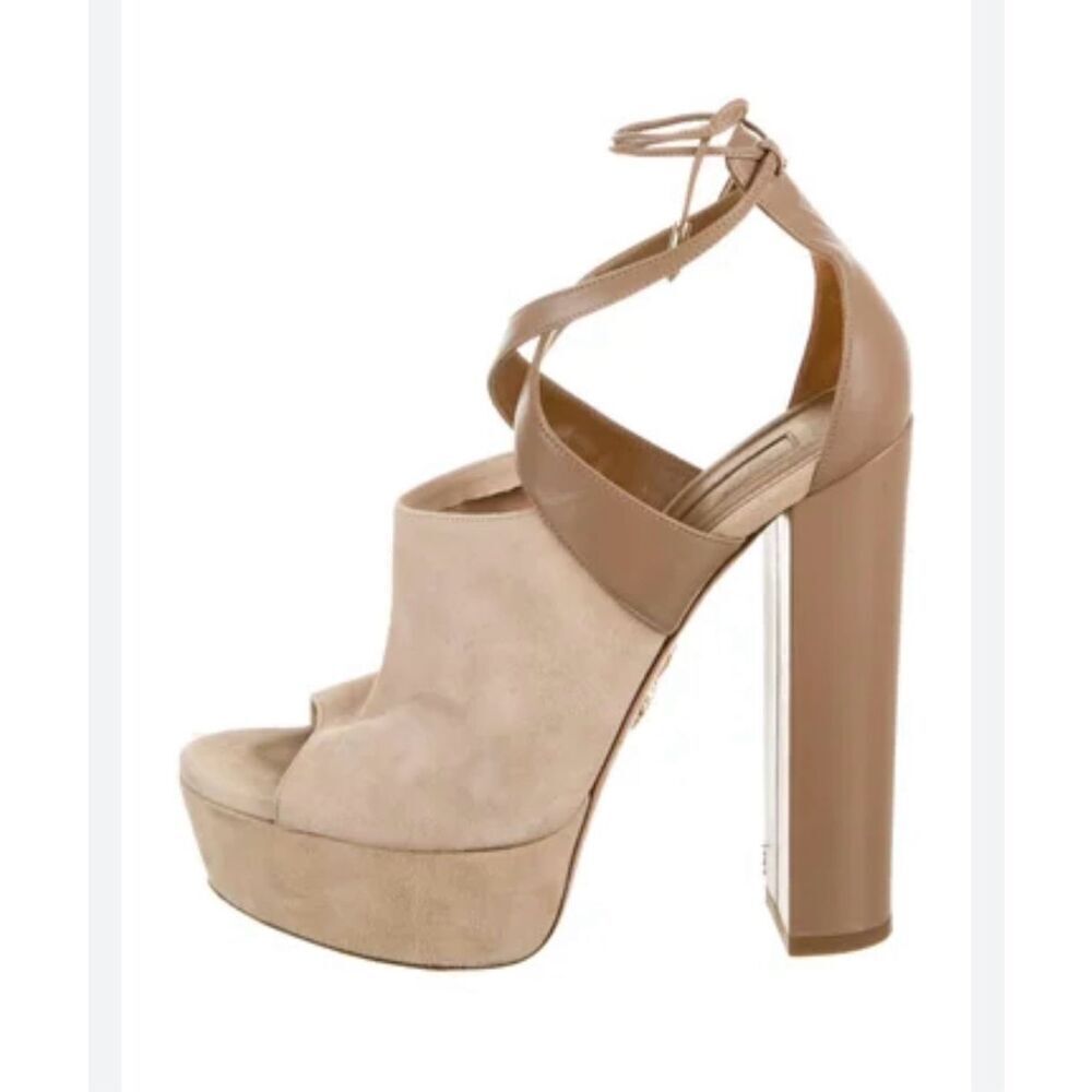 Aquazzura Kaya Beige Biscotto Platform Open Toe Suede Heels sz 41 or 10.5 NWOT